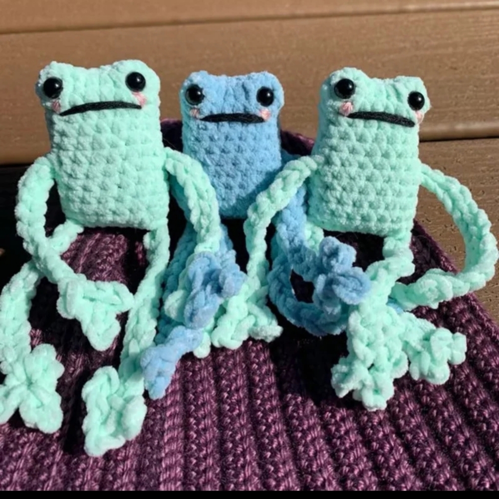 Leggy Frog Three Crochet Green and Blue Soft Fluffy Animal Plush| 6” Length